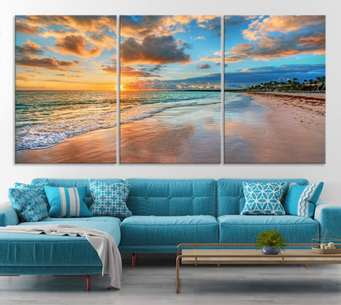 Sunset Beach Canvas Wall Art – Tropical Triptych Seascape Print – Coastal Ocean Decor for Living Room or Bedroom – Ready to Hang