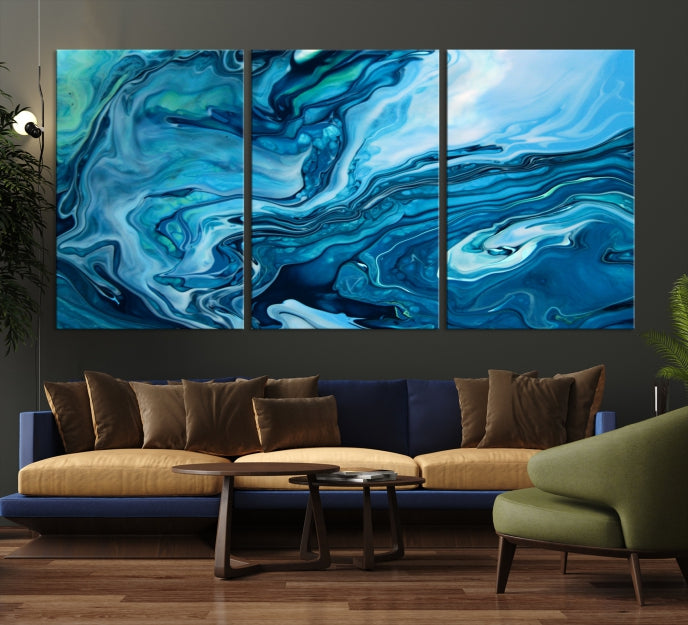 Arte de pared grande con efecto fluido de mármol azul marino, lienzo abstracto moderno, impresión artística de pared