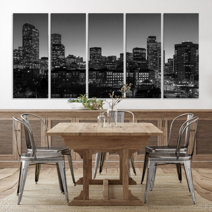 Denver City Lights Skyline Black and White Wall Art Cityscape Canvas Print