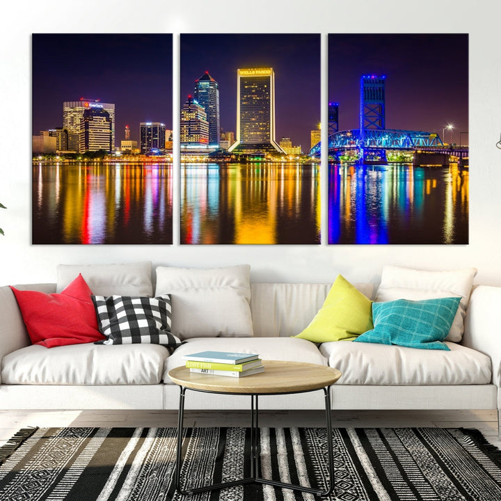 The Jacksonville City cityscape wall art captures a vibrant city skyline at night with colorful reflections in the water and is elegantly displayed on museum-quality gallery wrapped canvas.