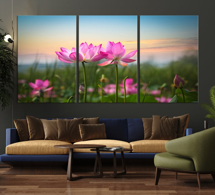 The room features a museum-quality Pink Flower on the Mountain Canvas Print, showcasing blooming pink flowers against a sunset on hand-assembled canvas.