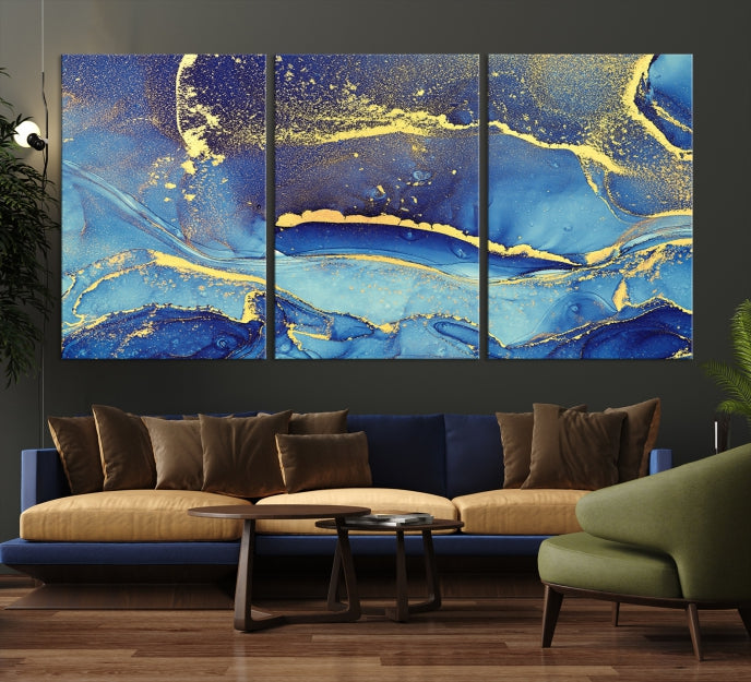 Splash Yellow Color Blue Marble Abstract Canvas Wall Art Print