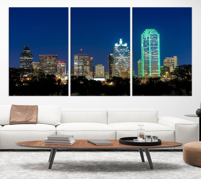 Impresión en lienzo de arte de pared grande con vista del paisaje urbano del horizonte azul nocturno de las luces de la ciudad de Dallas