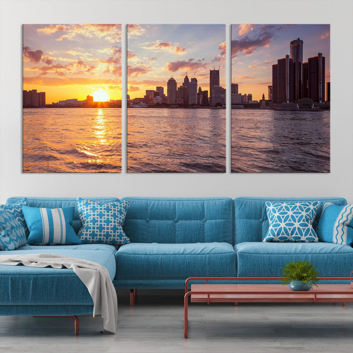 Detroit City Sunset Skyline Cityscape View Wall Art Impression sur toile