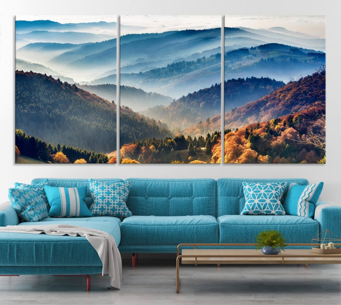 Lienzo decorativo para pared grande con bosque de montañas y otoño