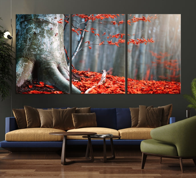 Lienzo decorativo para pared grande con hojas rojas de gran árbol y bosque