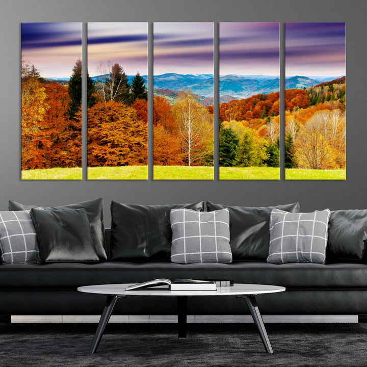 Autumn Colorful Forest Blue Mountains and Purple Sky at Sunset Wall Art Canvas Print