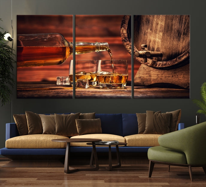 Lienzo decorativo para pared grande con whisky y barril