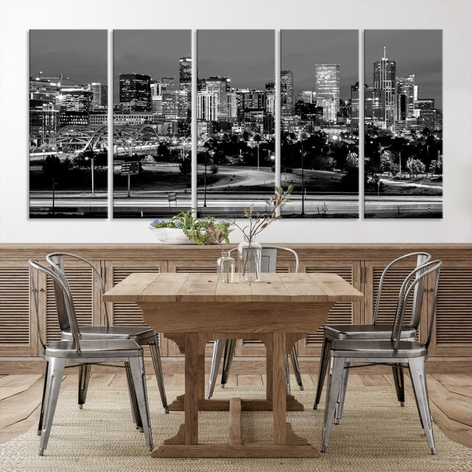 Denver City Lights Skyline Black and White Wall Art Cityscape Canvas Print