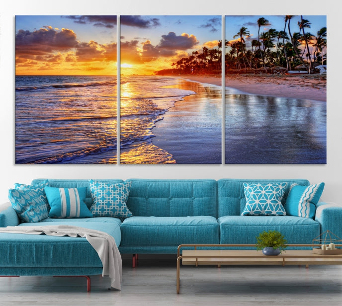 Tropical Sunset Beach Canvas Wall Art – Coastal Triptych Landscape Print – Ocean Sunset Decor for Living Room or Bedroom – Ready to Hang