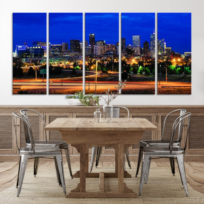 Denver City Lights Night Bright Blue Skyline Cityscape View Wall Art Canvas Print