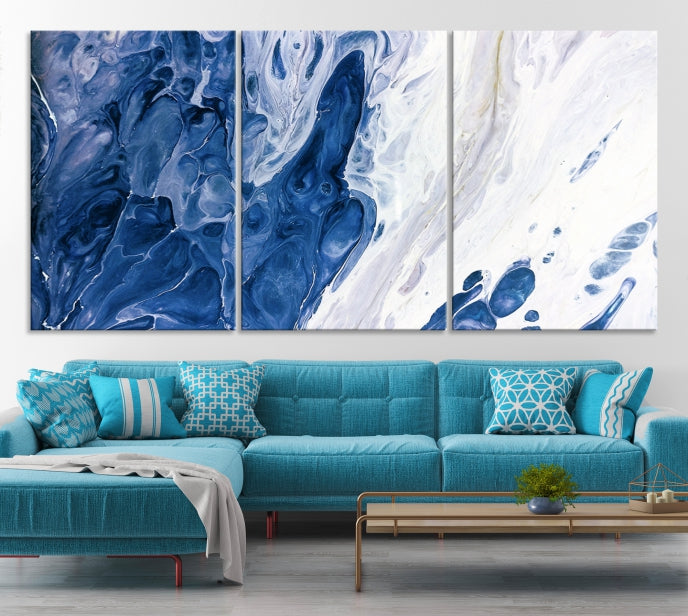 Arte de pared grande con efecto fluido de mármol azul marino, lienzo abstracto moderno, impresión artística de pared