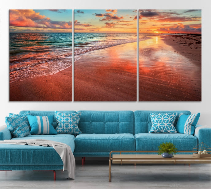 The "Beach and Red Sunset Wall Art Canvas Print" features a triptych of a vibrant beach sunset. These museum-quality canvases come with a UV-protective coating and are ready to hang, offering an instant touch of elegance.