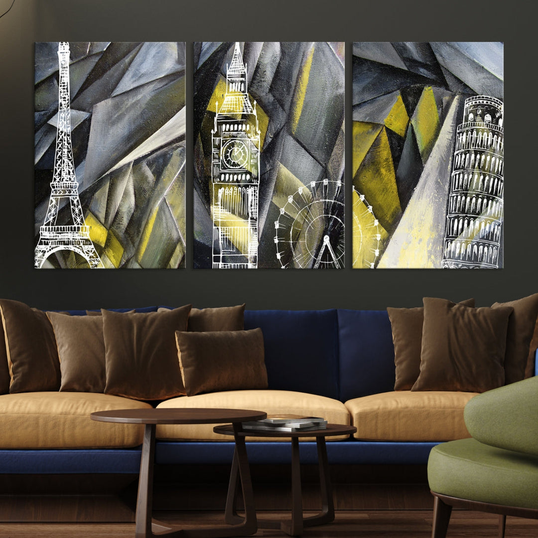 Eiffel Tower Big Ben and Pisa Tower Canvas Wall Art Print Abstract Landmarks Wall Art