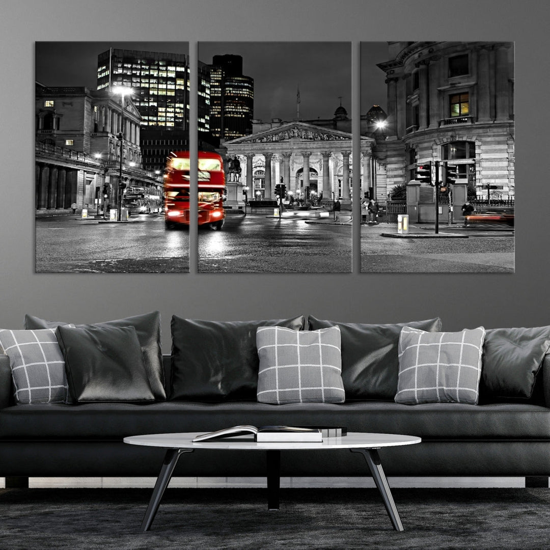 London Night Red Bus Wall Art Canvas Print, London Black and White Wall Art