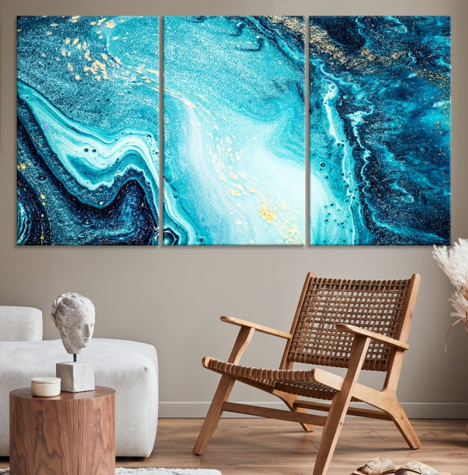 Arte de pared grande con efecto fluido de mármol azul neón y dorado, lienzo abstracto moderno, impresión artística de pared