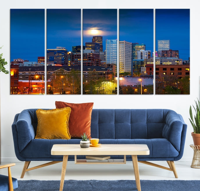 Impresión en lienzo de arte de pared grande con vista del paisaje urbano del horizonte azul nocturno de las luces de la ciudad de Denver