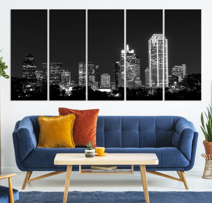 Dallas City Lights Skyline Art mural noir et blanc Paysage urbain Impression sur toile