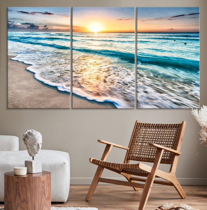 Sunset Beach Waves Canvas Wall Art – 5-Panel Ocean Sunset Print – Coastal Decor for Living Room or Bedroom – Ready to Hang