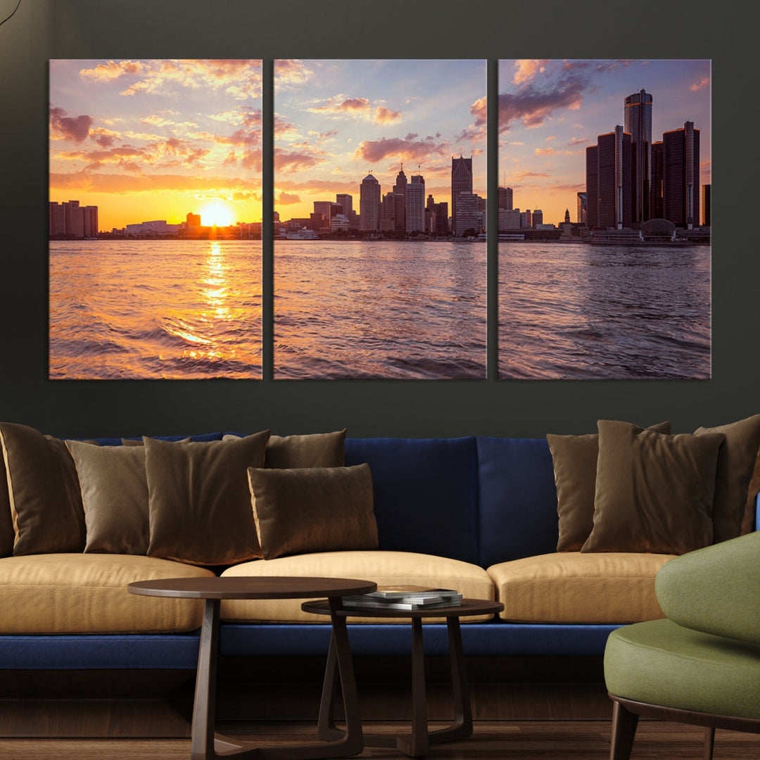 Detroit City Sunset Skyline Cityscape View Wall Art Impression sur toile