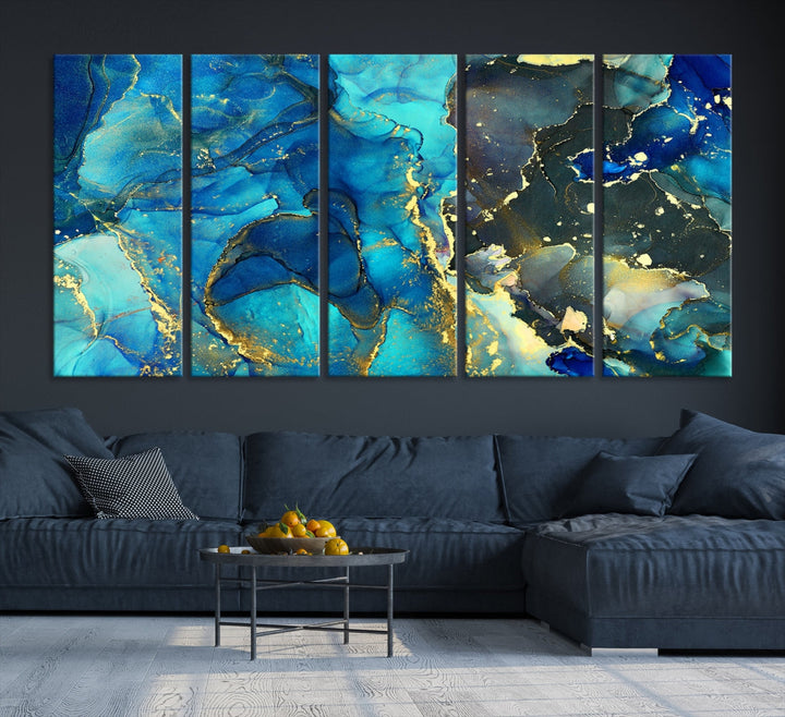 Impression d’art mural sur toile abstraite à effet fluide en marbre bleu néon