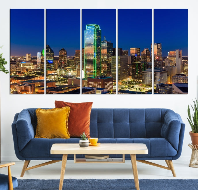 Dallas City Lights Night Blue Skyline Cityscape View Wall Art Canvas Print