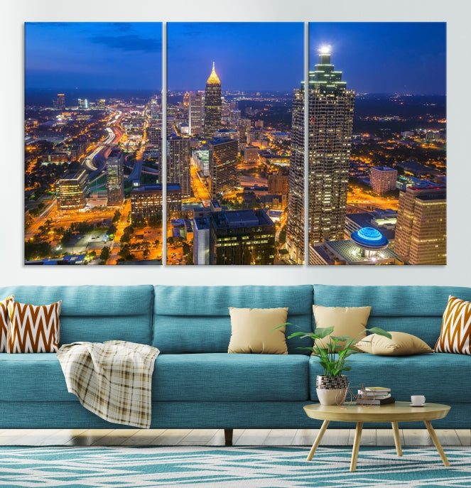 Arte de pared grande con vista del paisaje urbano del horizonte azul nocturno de las luces de la ciudad de Atlanta Impresión en lienzo