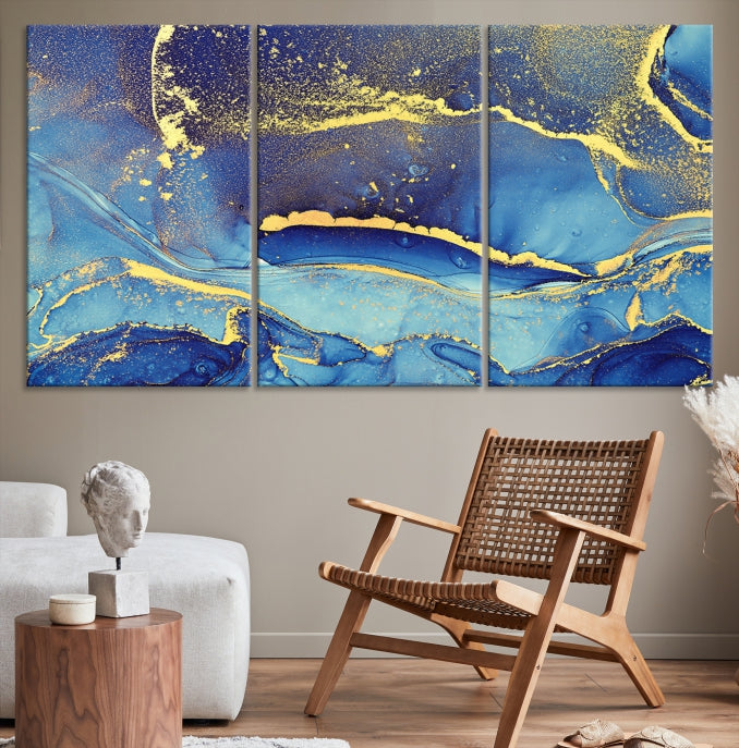 Splash Yellow Color Blue Marble Abstract Canvas Wall Art Print