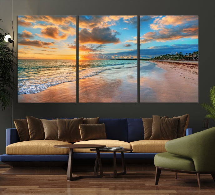 Sunset Beach Canvas Wall Art – Tropical Triptych Seascape Print – Coastal Ocean Decor for Living Room or Bedroom – Ready to Hang