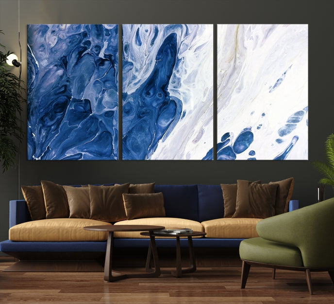 Arte de pared grande con efecto fluido de mármol azul marino, lienzo abstracto moderno, impresión artística de pared