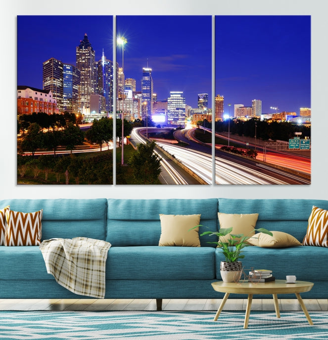 Atlanta City Lights Night Blue Skyline Canvas Print