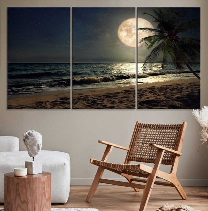 Tropical Beach and Moon Wall Art Canvas Print