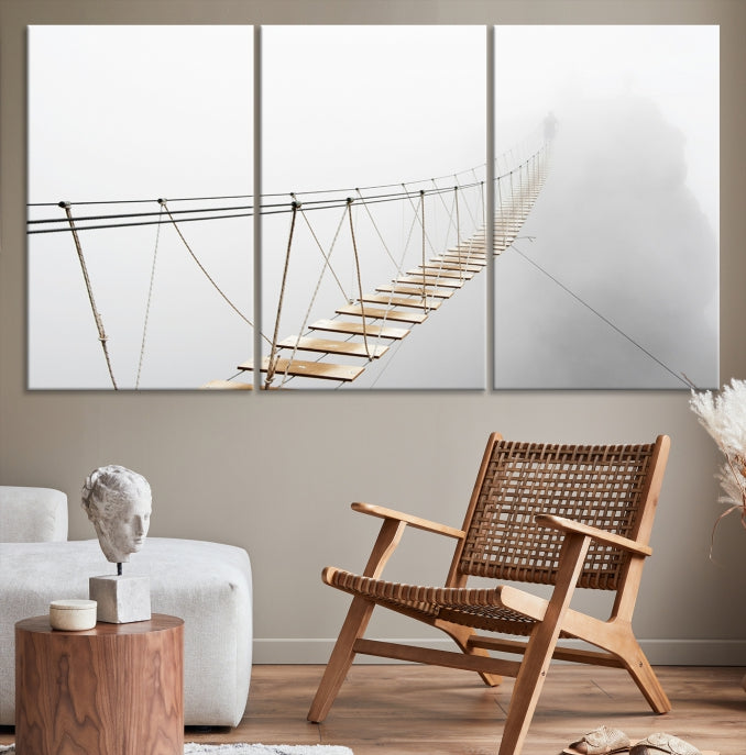 Lienzo decorativo para pared con puente de madera y niebla