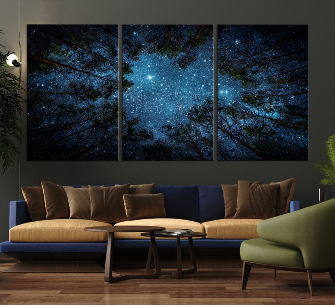 Impression sur toile d’art mural forêt et étoiles