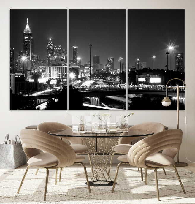 Skyline de luces de la ciudad de Atlanta Arte de pared en blanco y negro Paisaje urbano Lienzo