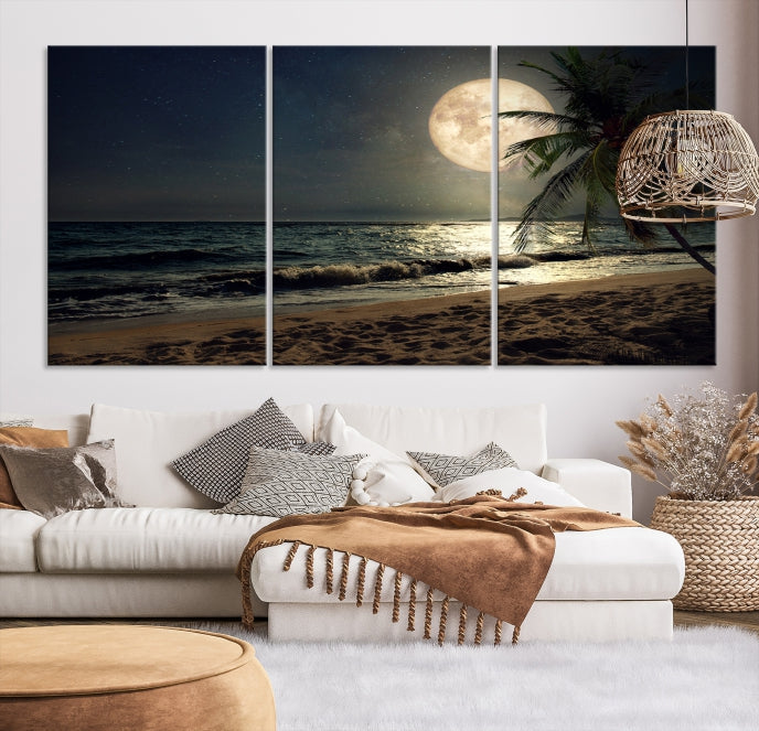 Arte de pared de playa tropical y luna Lienzo