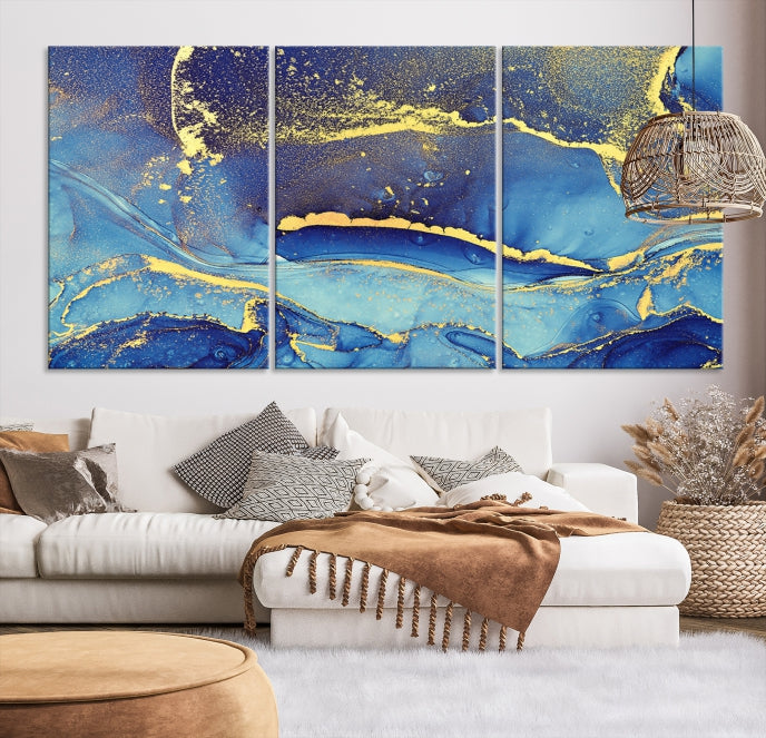 Splash Yellow Color Blue Marble Abstract Canvas Wall Art Print