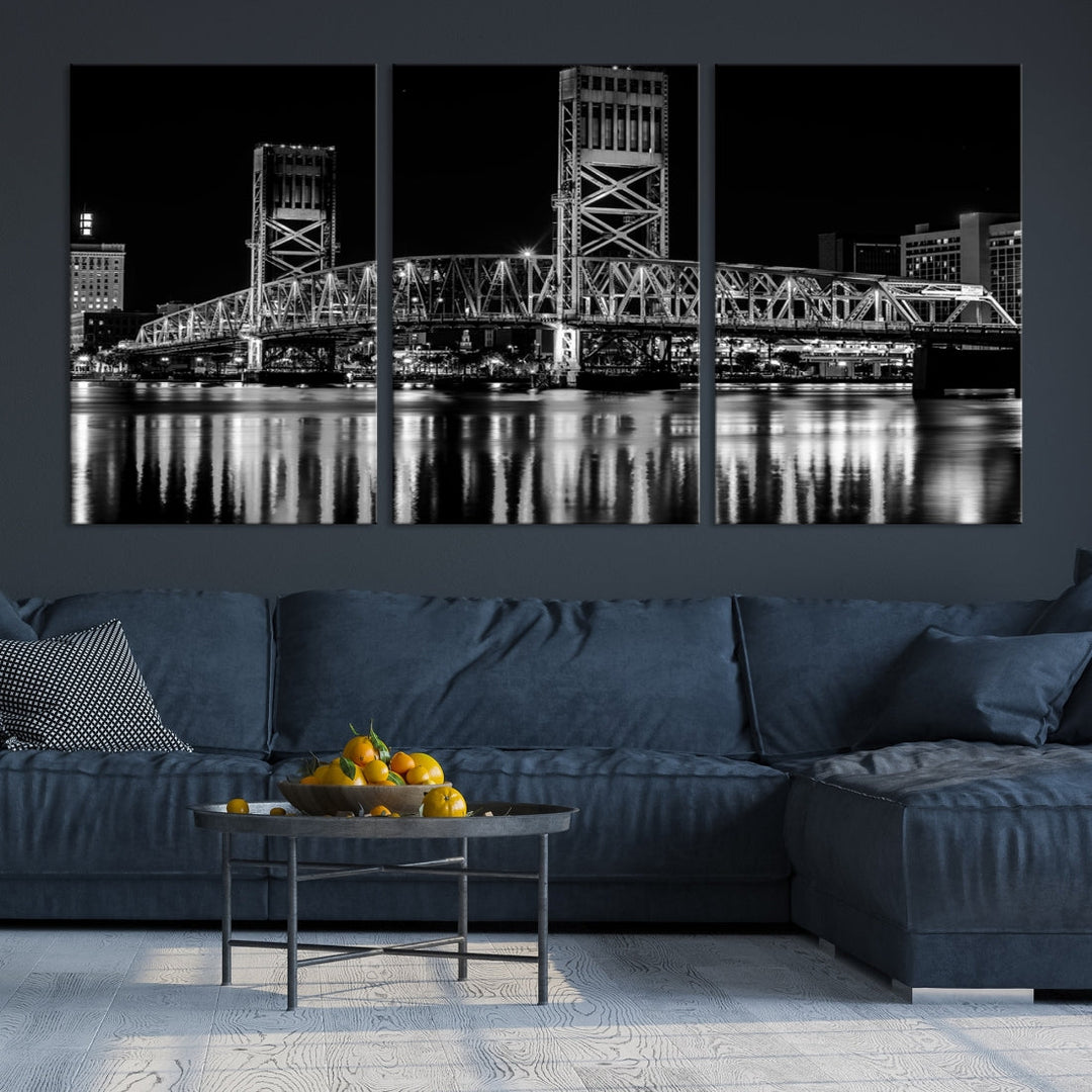 The Jacksonville City Bridge Night Wall Art Canvas Print is a black and white triptych depicting the city bridge at night. It features a UV-protective coating on museum-quality canvas.