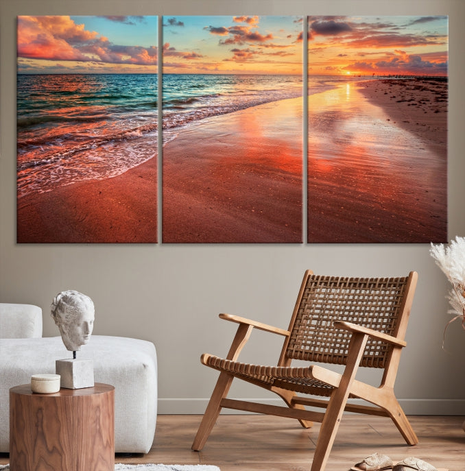 The "Beach and Red Sunset Wall Art Canvas Print" features a triptych of a vibrant beach sunset. These museum-quality canvases come with a UV-protective coating and are ready to hang, offering an instant touch of elegance.