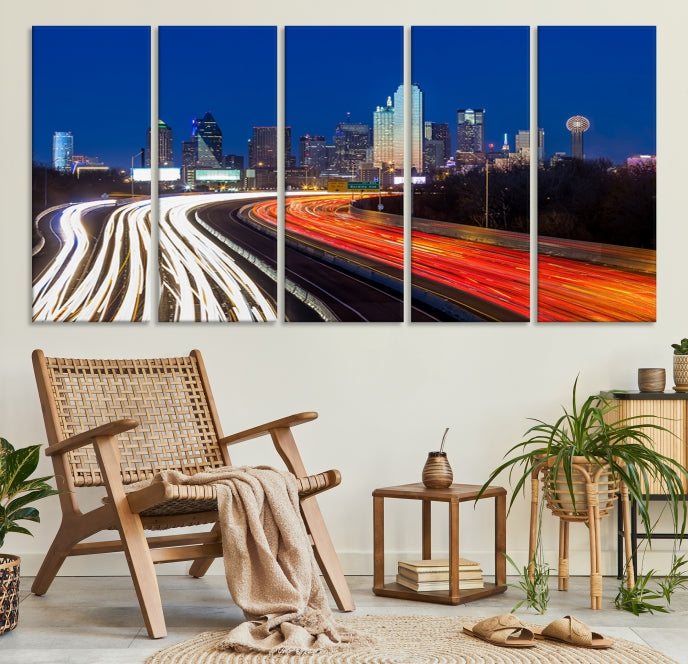 Dallas City Street Lights Night Skyline Cityscape View Wall Art Canvas Print