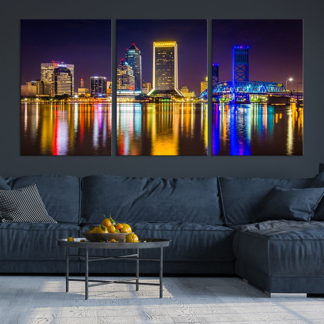 The Jacksonville City cityscape wall art captures a vibrant city skyline at night with colorful reflections in the water and is elegantly displayed on museum-quality gallery wrapped canvas.