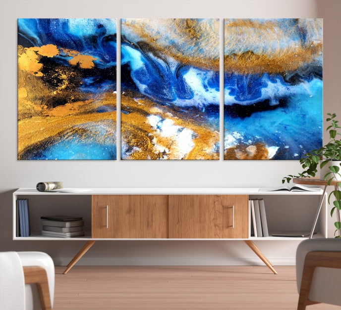 Blue Orange Marble Fluid Effect Wall Art Abstract Canvas Wall Art Print