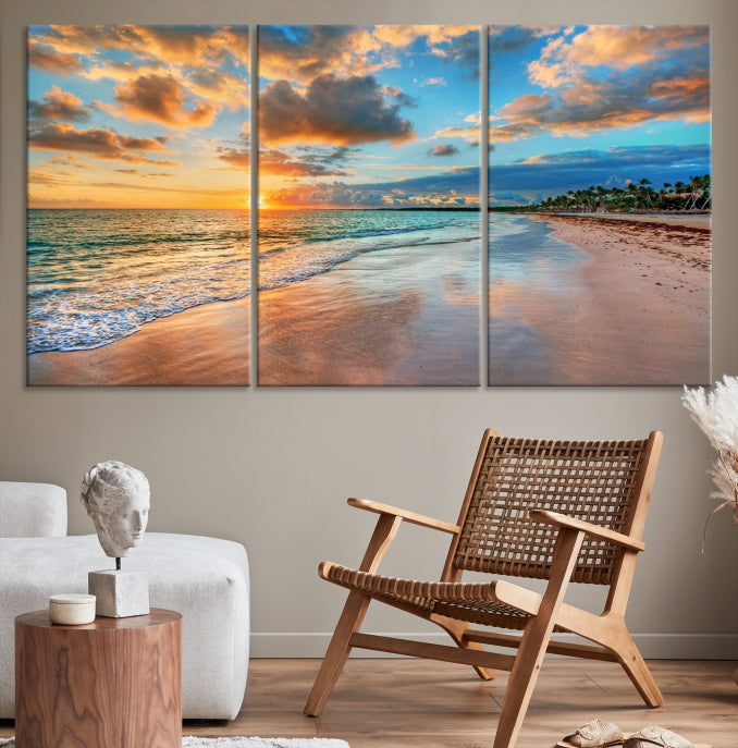 Sunset Beach Canvas Wall Art – Tropical Triptych Seascape Print – Coastal Ocean Decor for Living Room or Bedroom – Ready to Hang