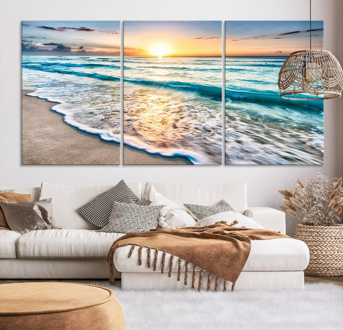 Sunset Beach Waves Canvas Wall Art – 5-Panel Ocean Sunset Print – Coastal Decor for Living Room or Bedroom – Ready to Hang