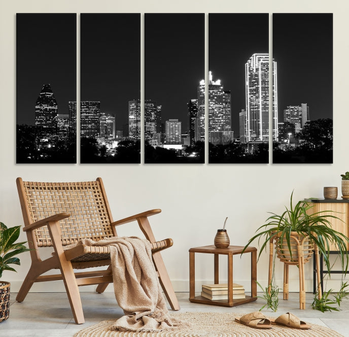 Dallas City Lights Skyline Art mural noir et blanc Paysage urbain Impression sur toile