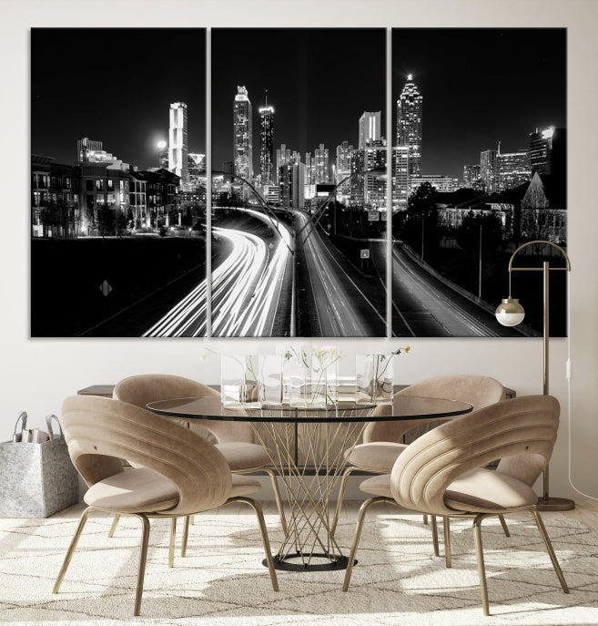 Atlanta City Lights Skyline Art mural noir et blanc Paysage urbain Impression sur toile