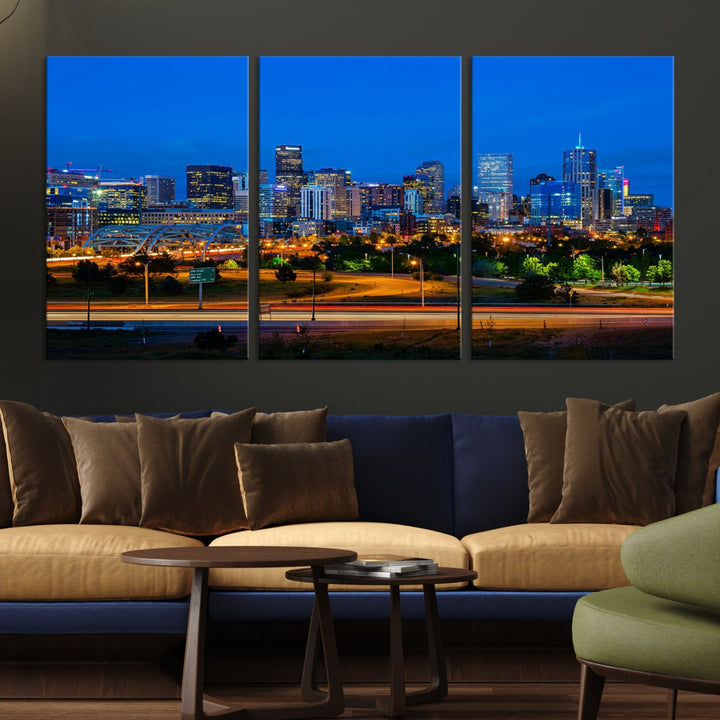 Denver City Lights Night Blue Skyline Cityscape View Wall Art Impression sur toile