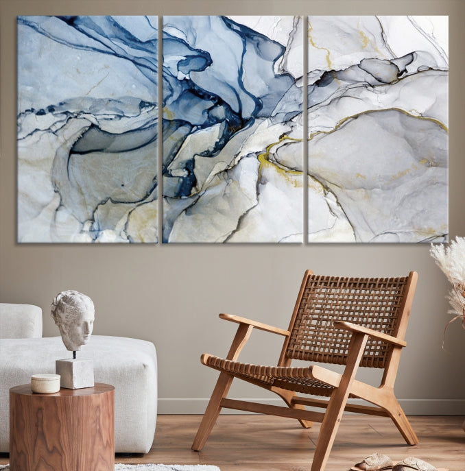 Arte de pared grande con efecto fluido de mármol azul y gris, lienzo abstracto moderno, impresión artística de pared
