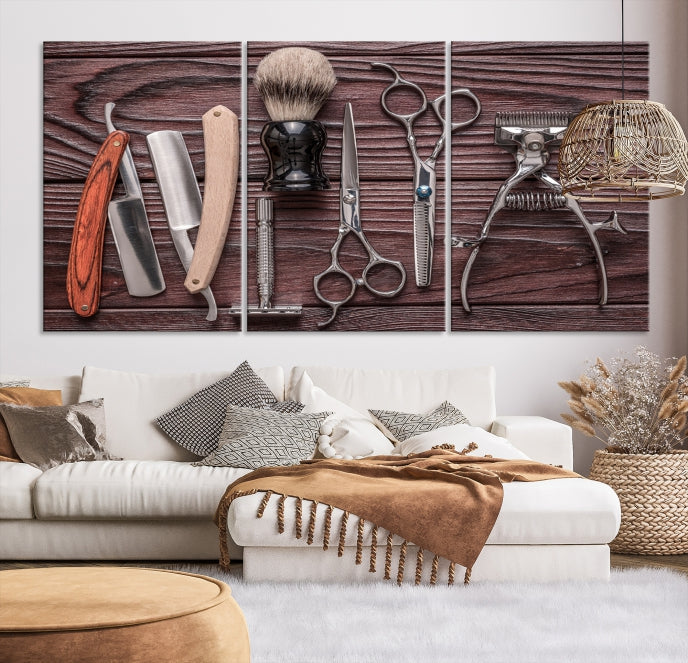 Lienzo decorativo para pared grande con herramientas de peluquería