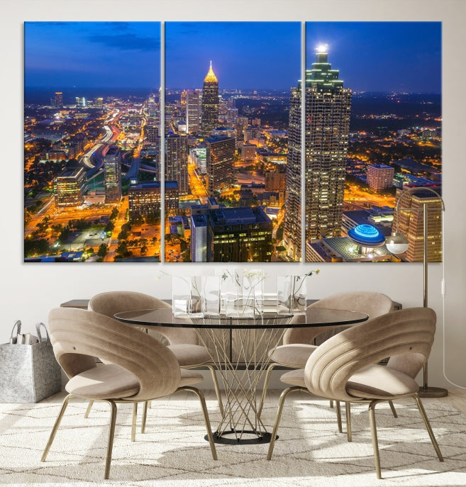 Arte de pared grande con vista del paisaje urbano del horizonte azul nocturno de las luces de la ciudad de Atlanta Impresión en lienzo